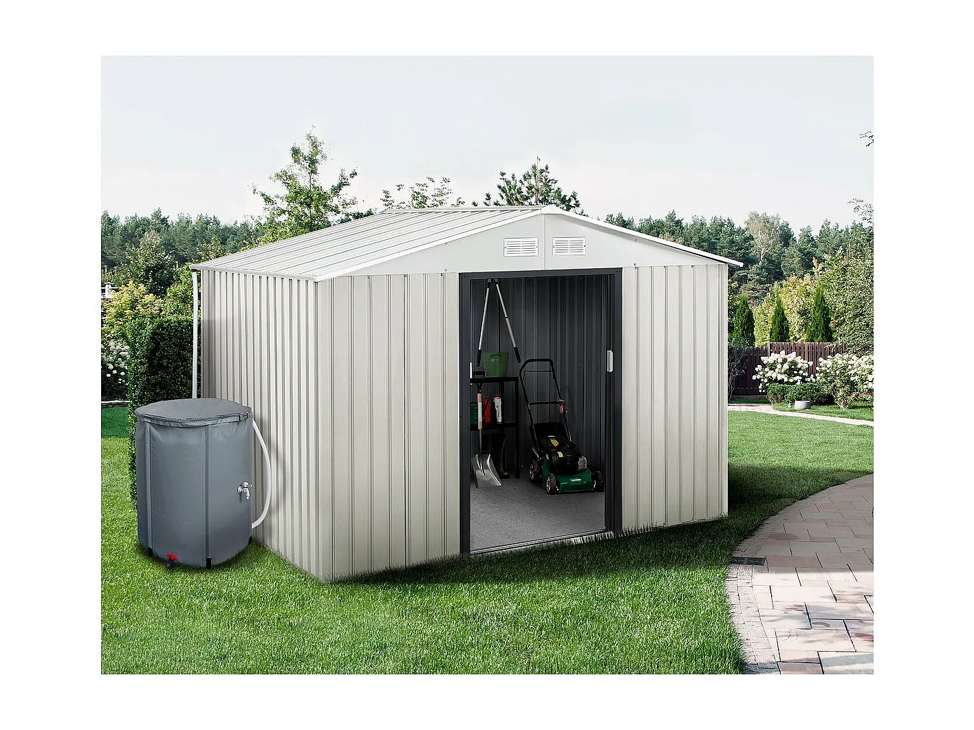 Abri de jardin métal "Nebraska" - 5,29m² avec gouttière et récupérateur d'eau