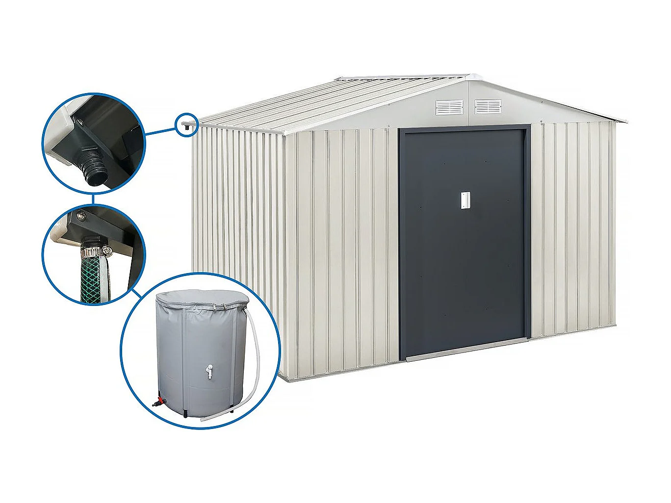 Abri de jardin métal "Nebraska" - 5,29m² avec gouttière et récupérateur d'eau
