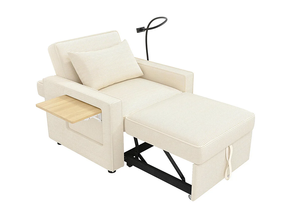 Fauteuil convertible beige avec port de chargement USB et support pour téléphone portable peu encombrant velours côtelé