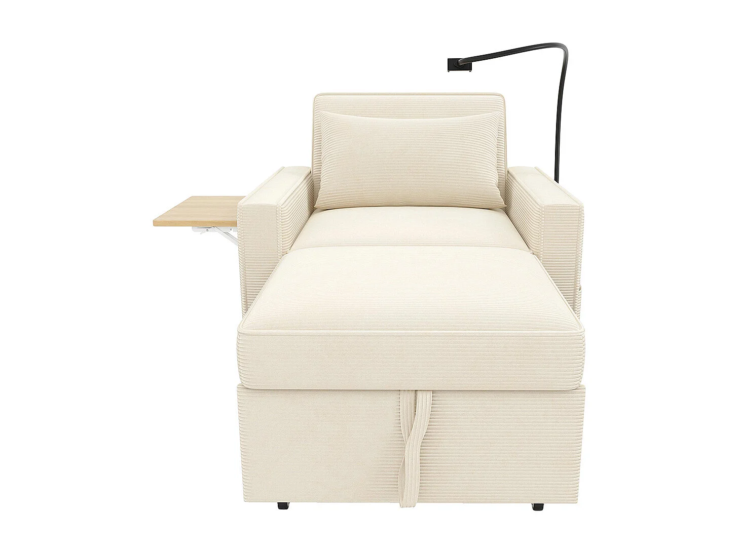 Fauteuil convertible beige avec port de chargement USB et support pour téléphone portable peu encombrant velours côtelé