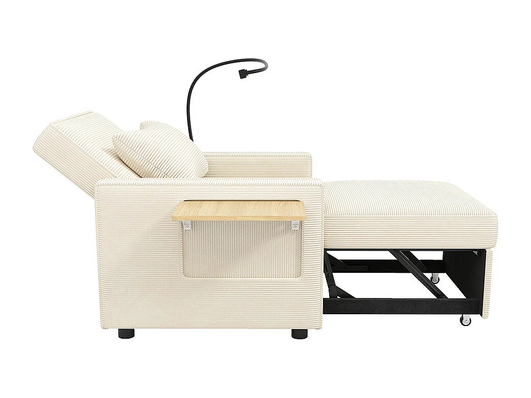 Fauteuil convertible beige avec port de chargement USB et support pour téléphone portable peu encombrant velours côtelé