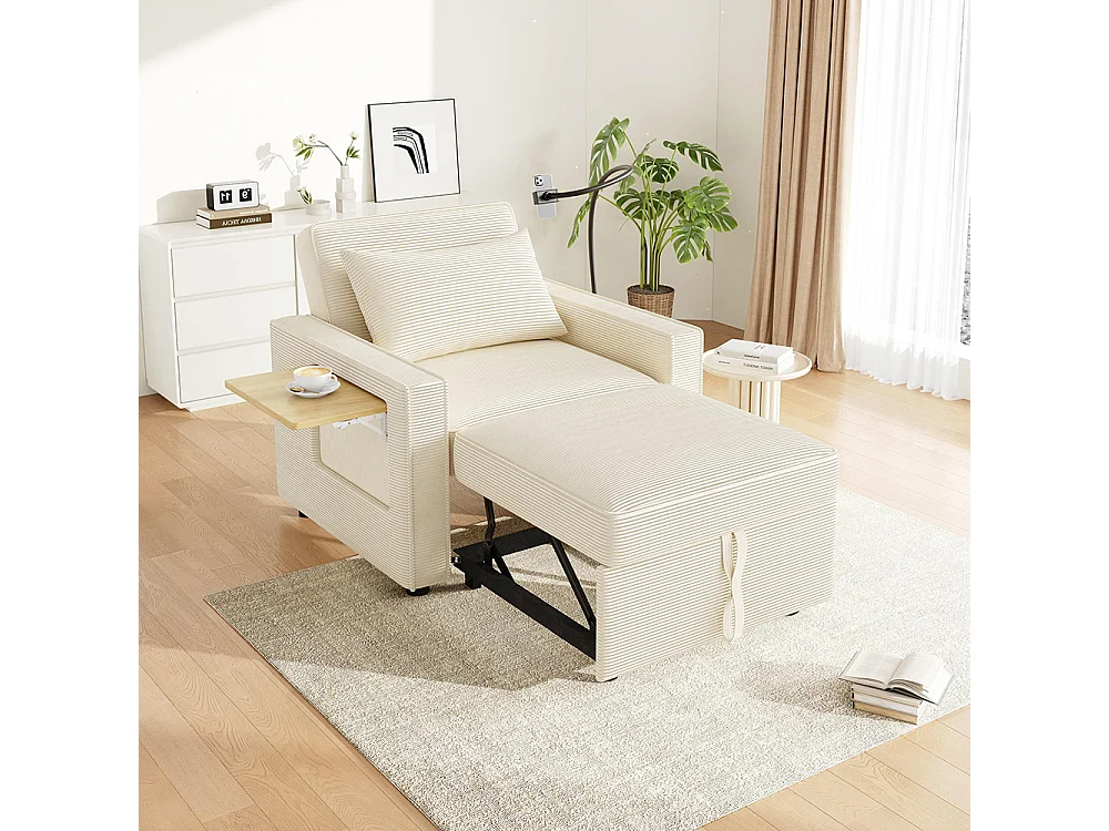 Fauteuil convertible beige avec port de chargement USB et support pour téléphone portable peu encombrant velours côtelé