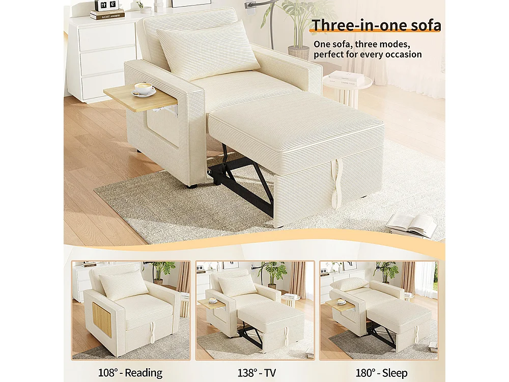 Fauteuil convertible beige avec port de chargement USB et support pour téléphone portable peu encombrant velours côtelé