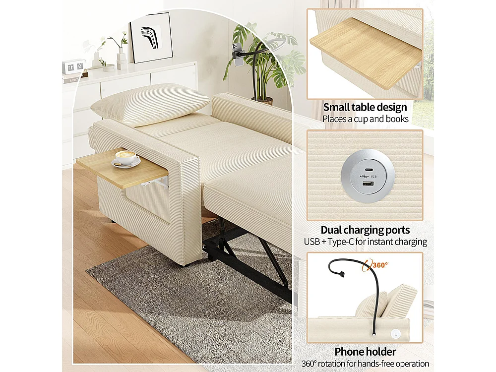 Fauteuil convertible beige avec port de chargement USB et support pour téléphone portable peu encombrant velours côtelé