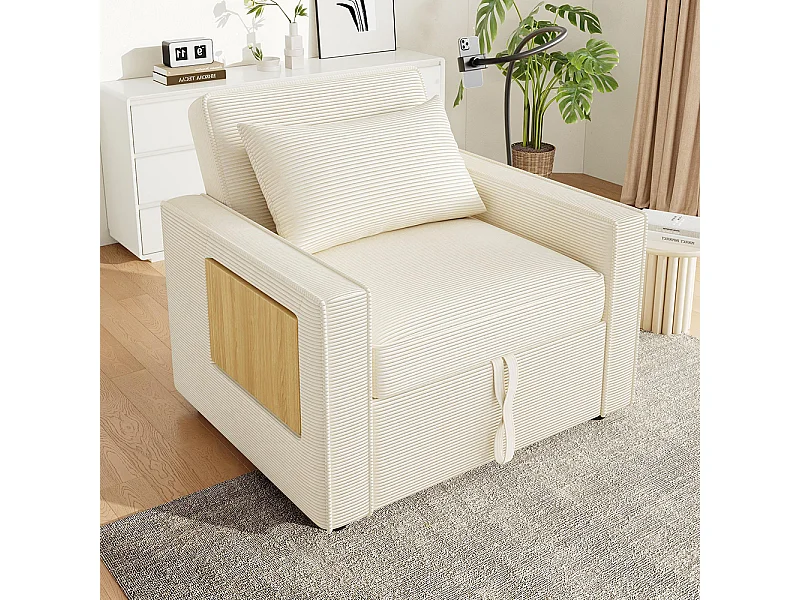 Fauteuil convertible beige avec port de chargement USB et support pour téléphone portable peu encombrant velours côtelé