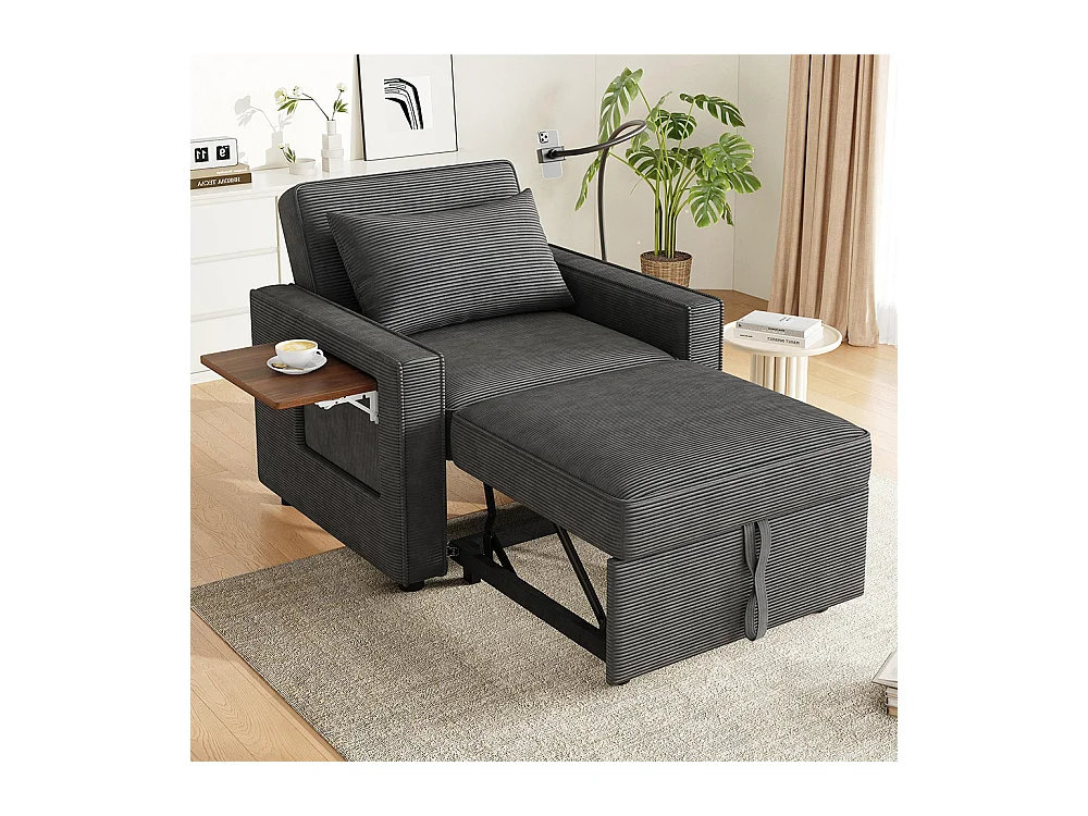 Fauteuil convertible gris avec port de chargement USB et support pour téléphone portable peu encombrant velours côtelé