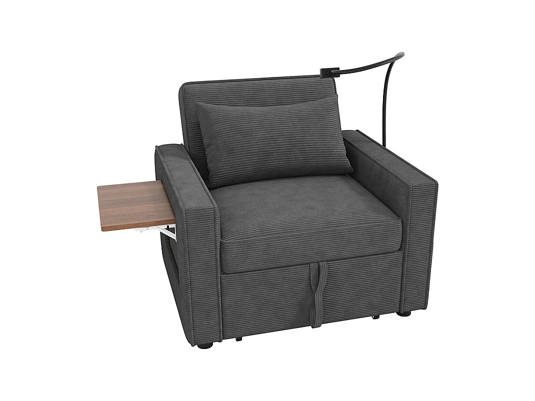 Fauteuil convertible gris avec port de chargement USB et support pour téléphone portable peu encombrant velours côtelé