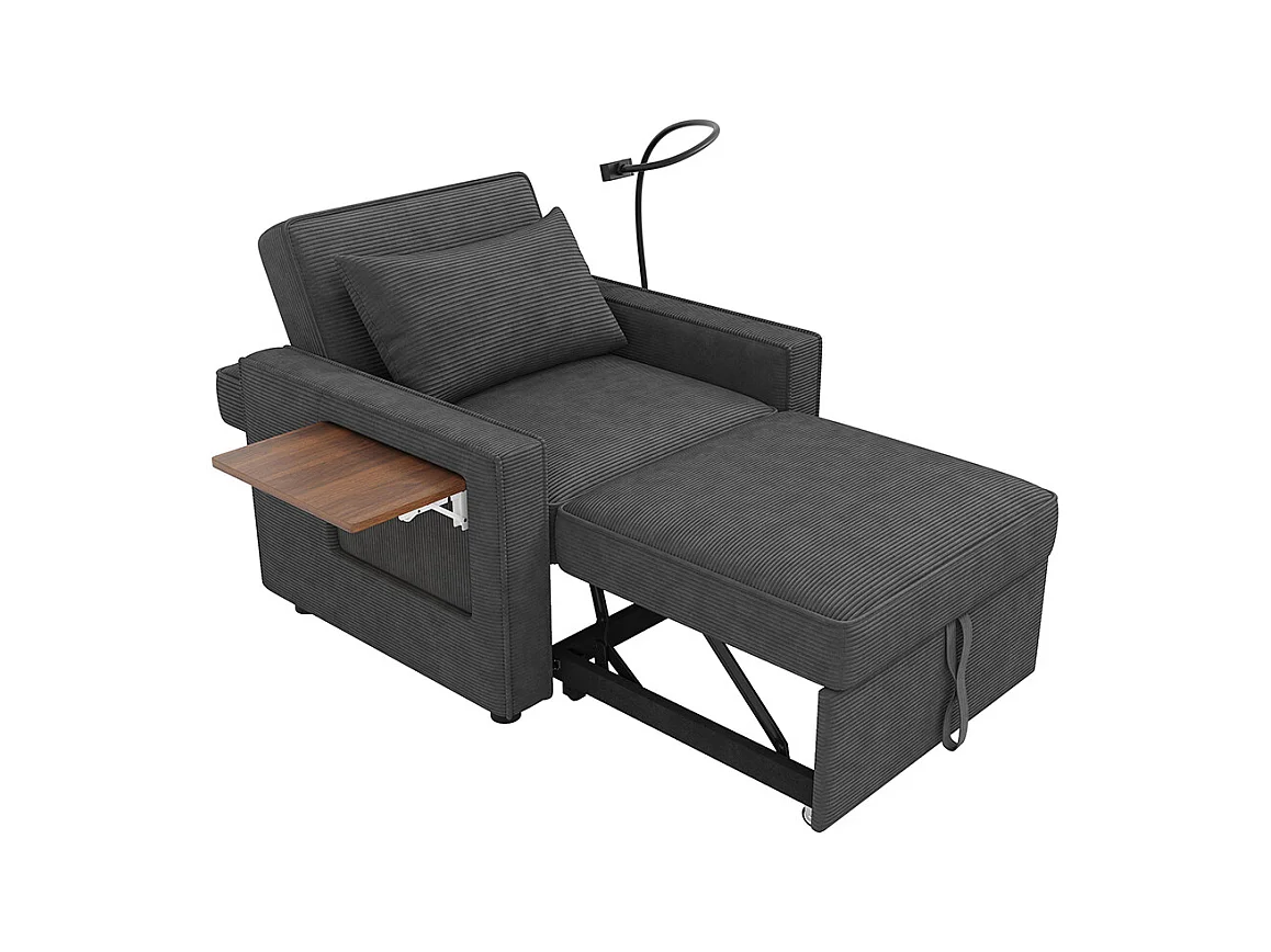 Fauteuil convertible gris avec port de chargement USB et support pour téléphone portable peu encombrant velours côtelé