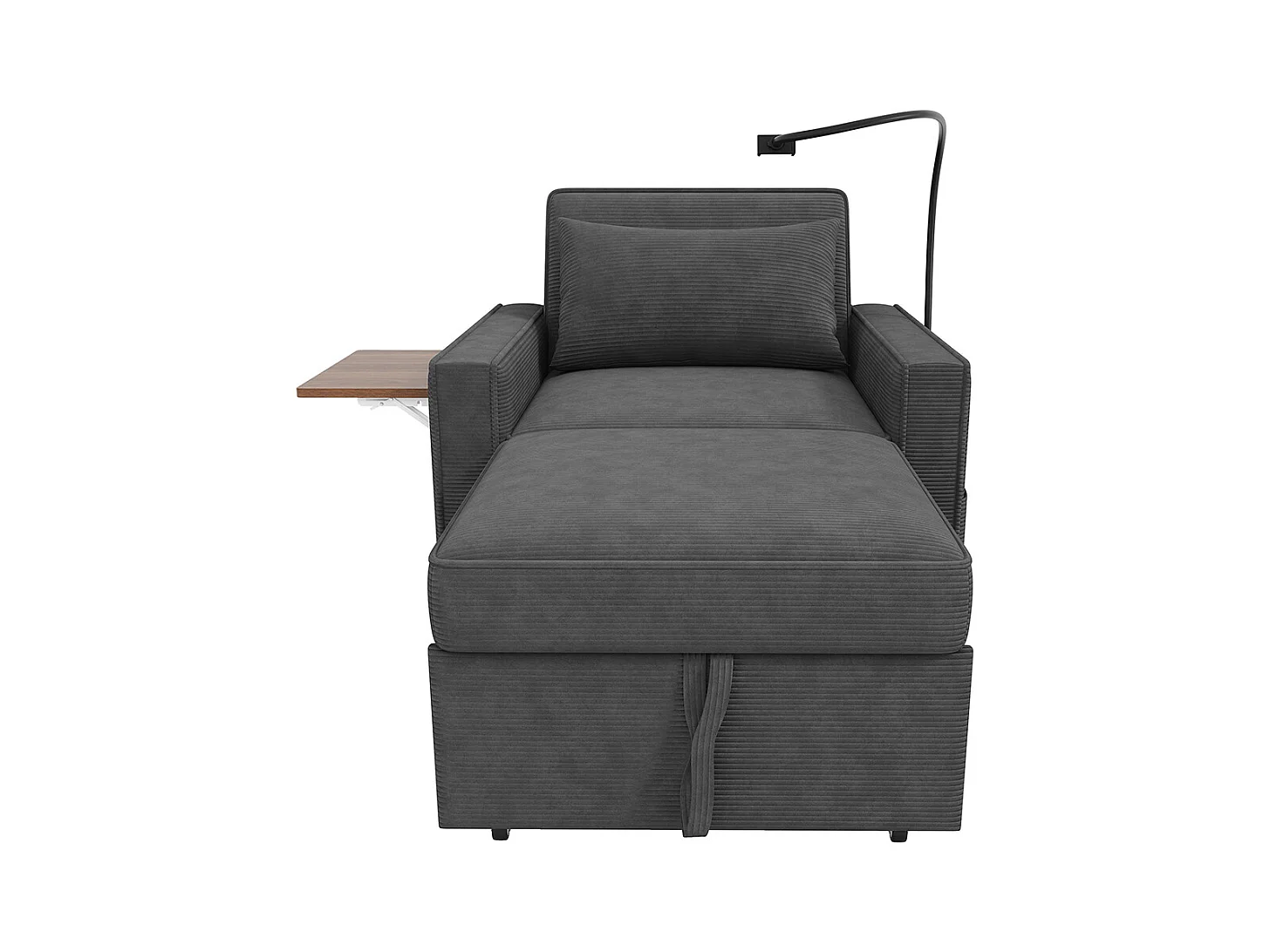 Fauteuil convertible gris avec port de chargement USB et support pour téléphone portable peu encombrant velours côtelé