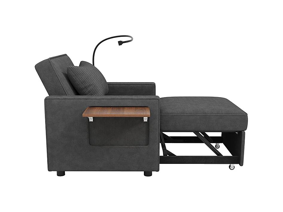 Fauteuil convertible gris avec port de chargement USB et support pour téléphone portable peu encombrant velours côtelé