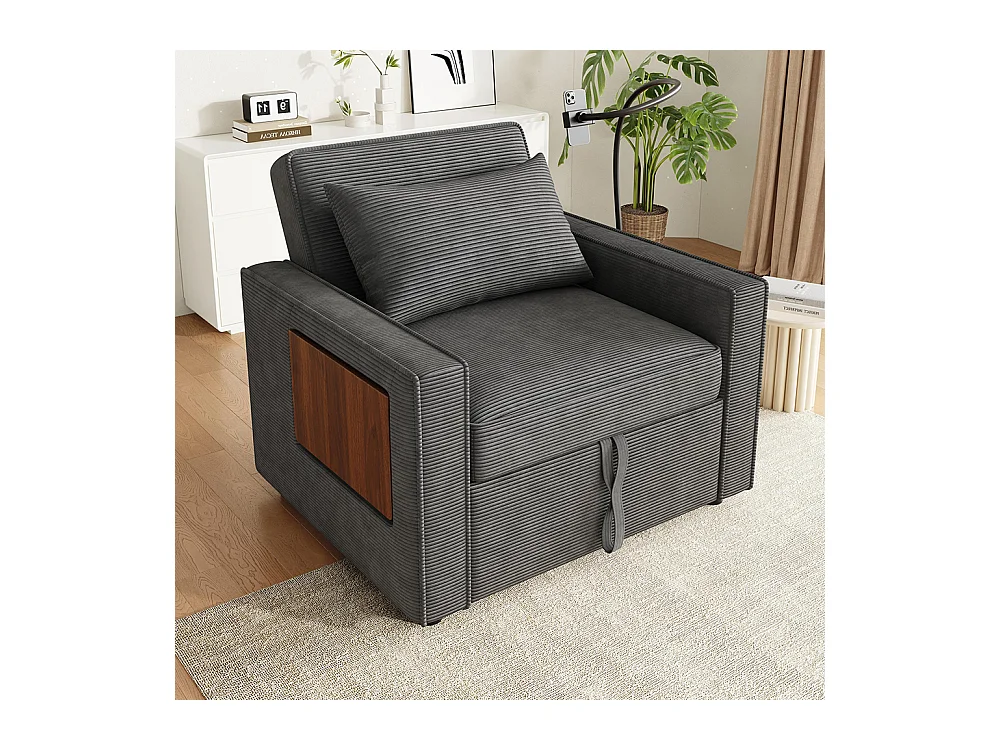 Fauteuil convertible gris avec port de chargement USB et support pour téléphone portable peu encombrant velours côtelé
