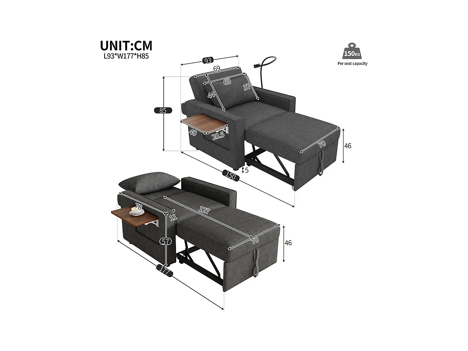 Fauteuil convertible gris avec port de chargement USB et support pour téléphone portable peu encombrant velours côtelé