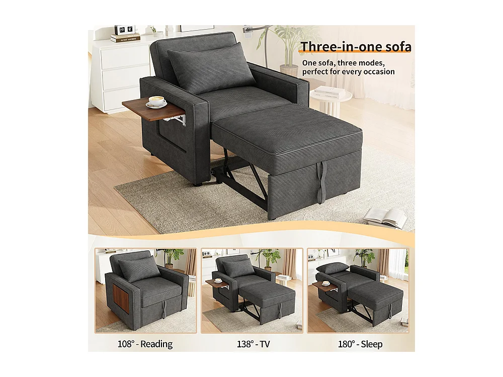 Fauteuil convertible gris avec port de chargement USB et support pour téléphone portable peu encombrant velours côtelé