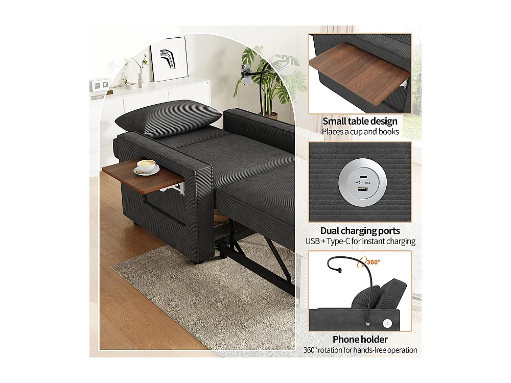 Fauteuil convertible gris avec port de chargement USB et support pour téléphone portable peu encombrant velours côtelé