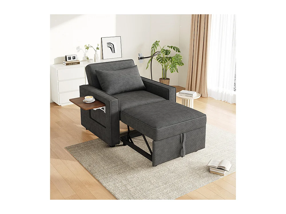 Fauteuil convertible gris avec port de chargement USB et support pour téléphone portable peu encombrant velours côtelé