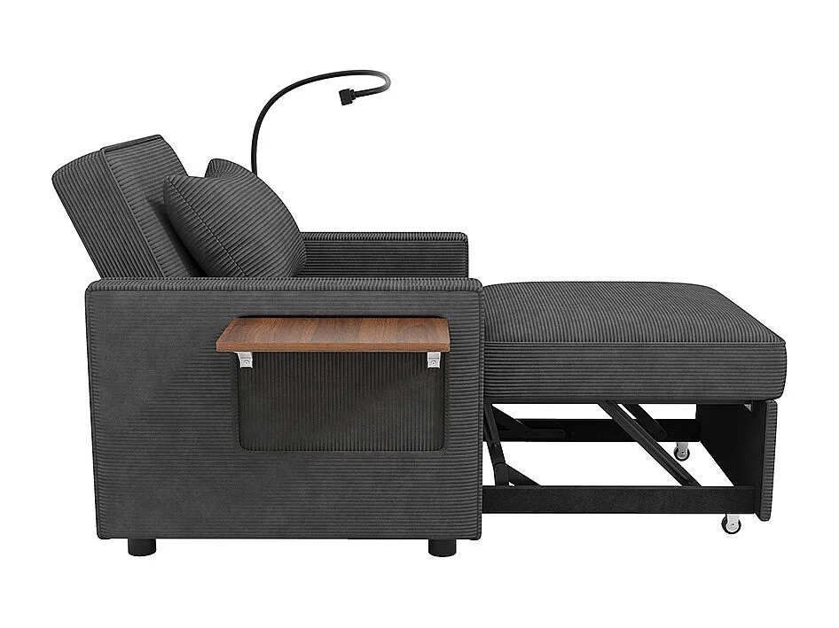 Fauteuil convertible gris avec port de chargement USB et support pour téléphone portable peu encombrant velours côtelé