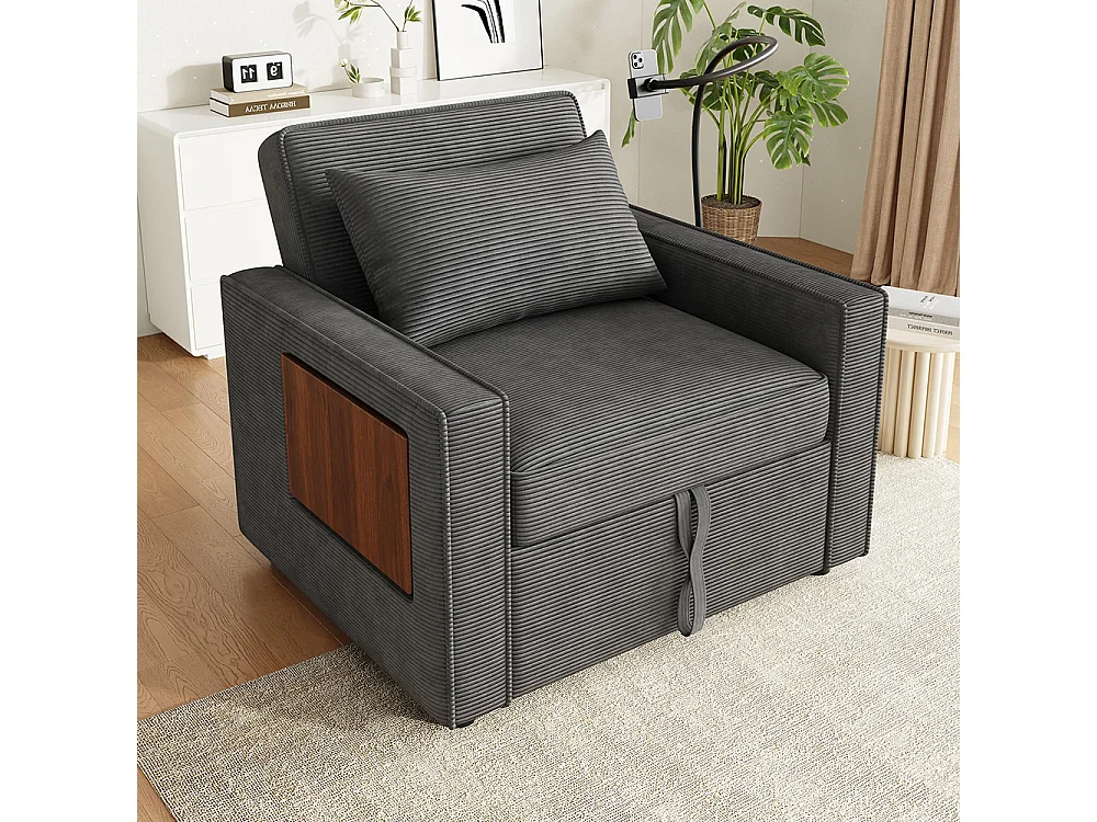 Fauteuil convertible gris avec port de chargement USB et support pour téléphone portable peu encombrant velours côtelé