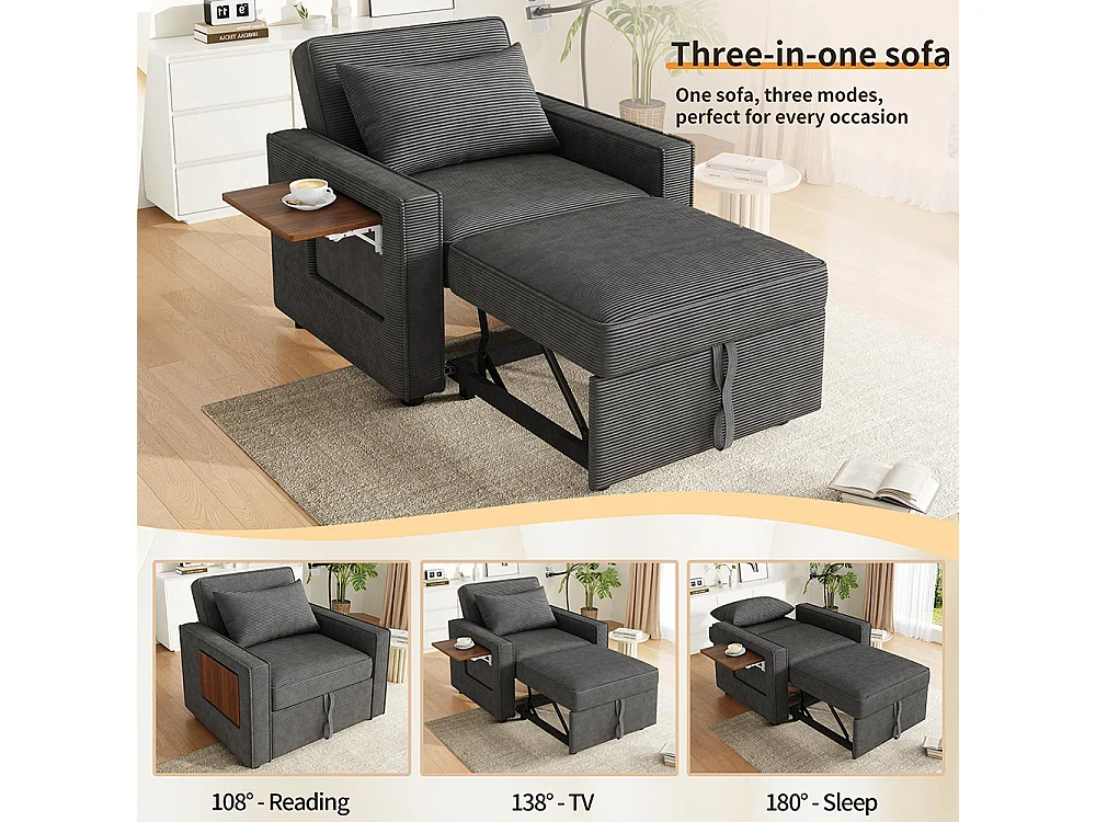 Fauteuil convertible gris avec port de chargement USB et support pour téléphone portable peu encombrant velours côtelé