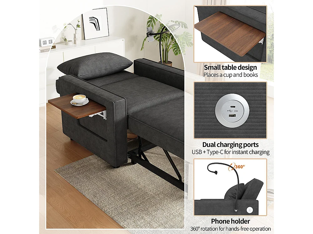 Fauteuil convertible gris avec port de chargement USB et support pour téléphone portable peu encombrant velours côtelé