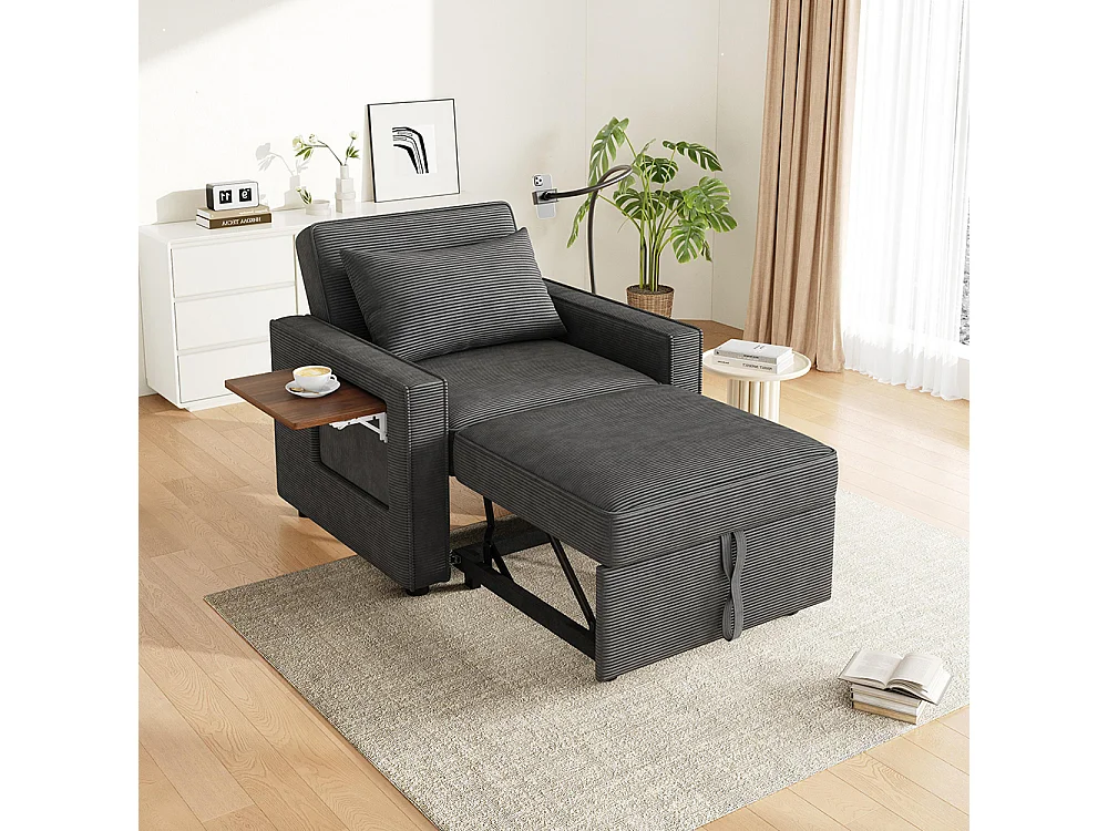 Fauteuil convertible gris avec port de chargement USB et support pour téléphone portable peu encombrant velours côtelé