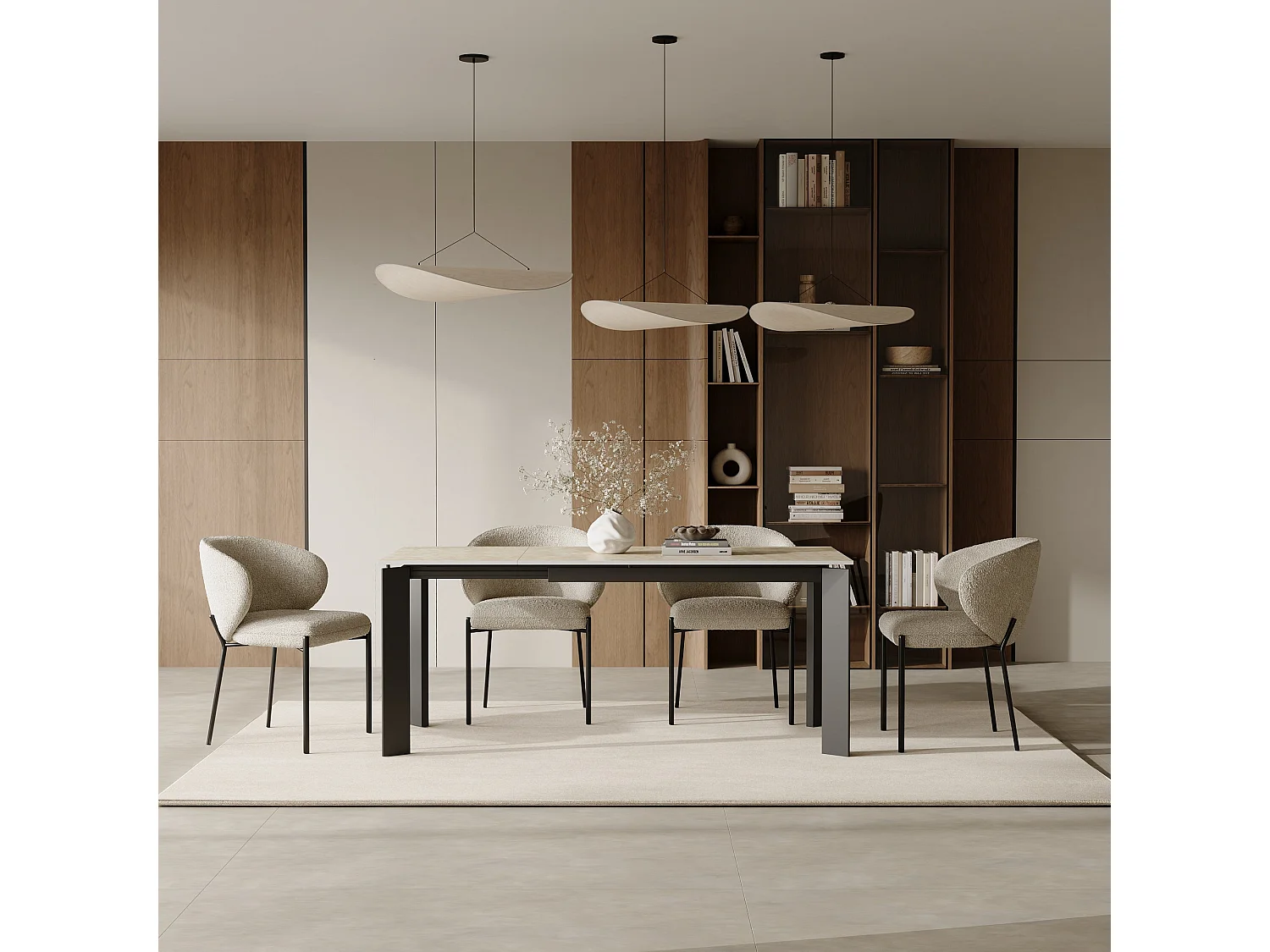 Table extensible 6-8 personnes aspect travertin et pieds noirs 140cm LINEA