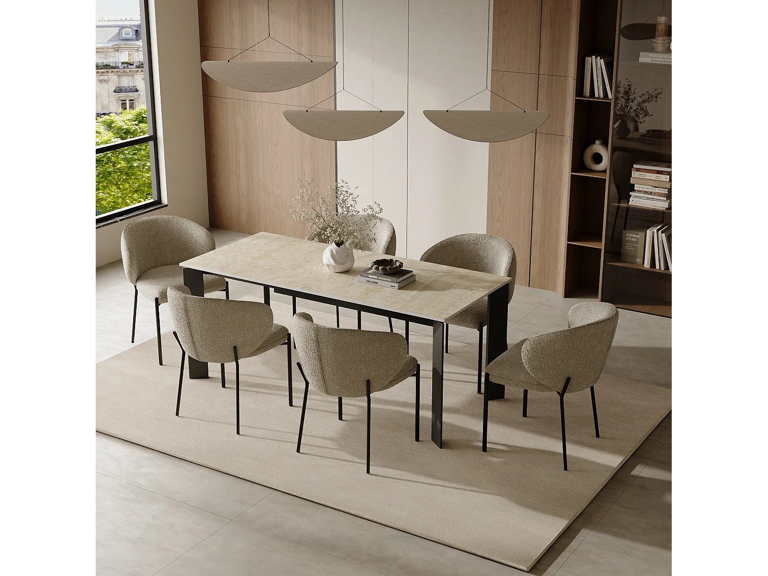 Table extensible 6-8 personnes aspect travertin et pieds noirs 140cm LINEA