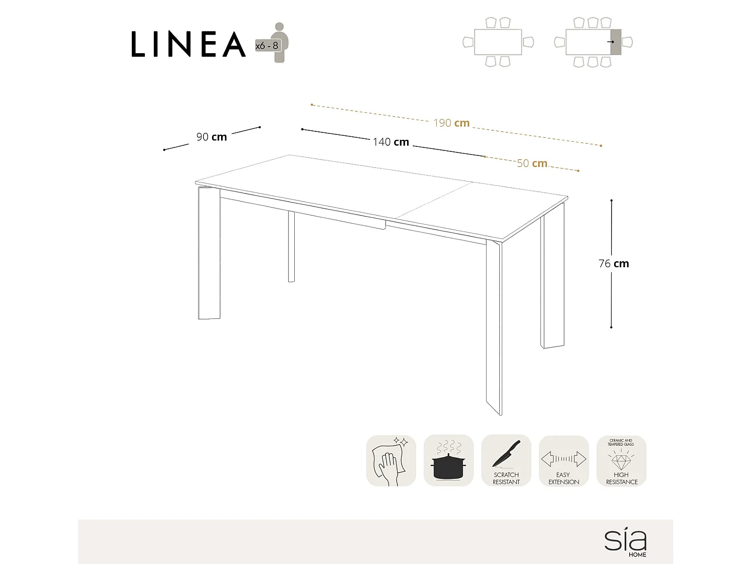 Table extensible 6-8 personnes aspect travertin et pieds noirs 140cm LINEA