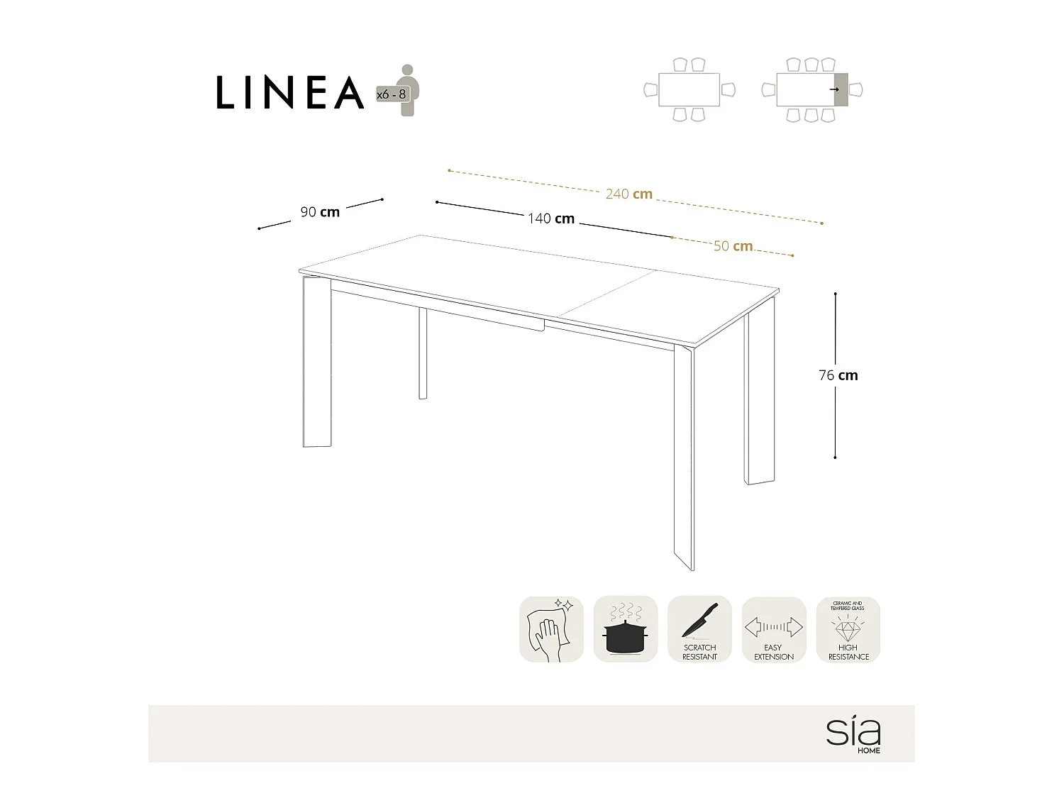 Table extensible 6-8 personnes céramique effet marbre noir 140cm LINEA