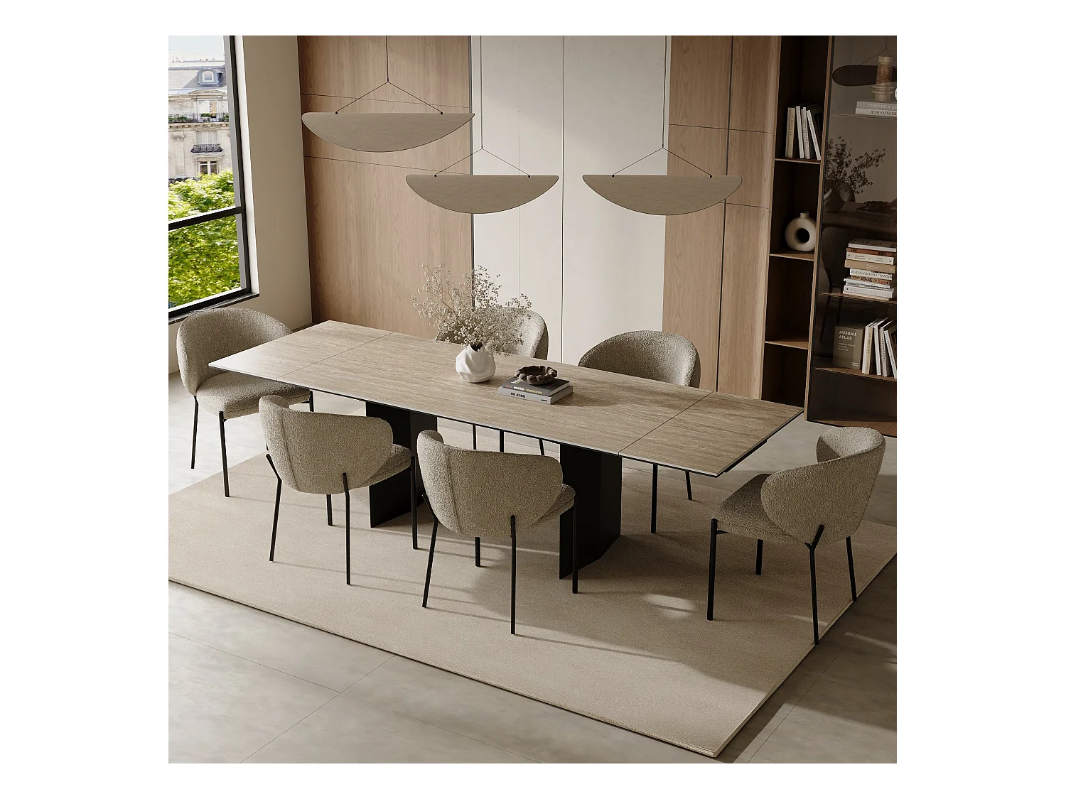 Table extensible 8-10 personnes aspect travertin et pieds noirs 180cm ROSE