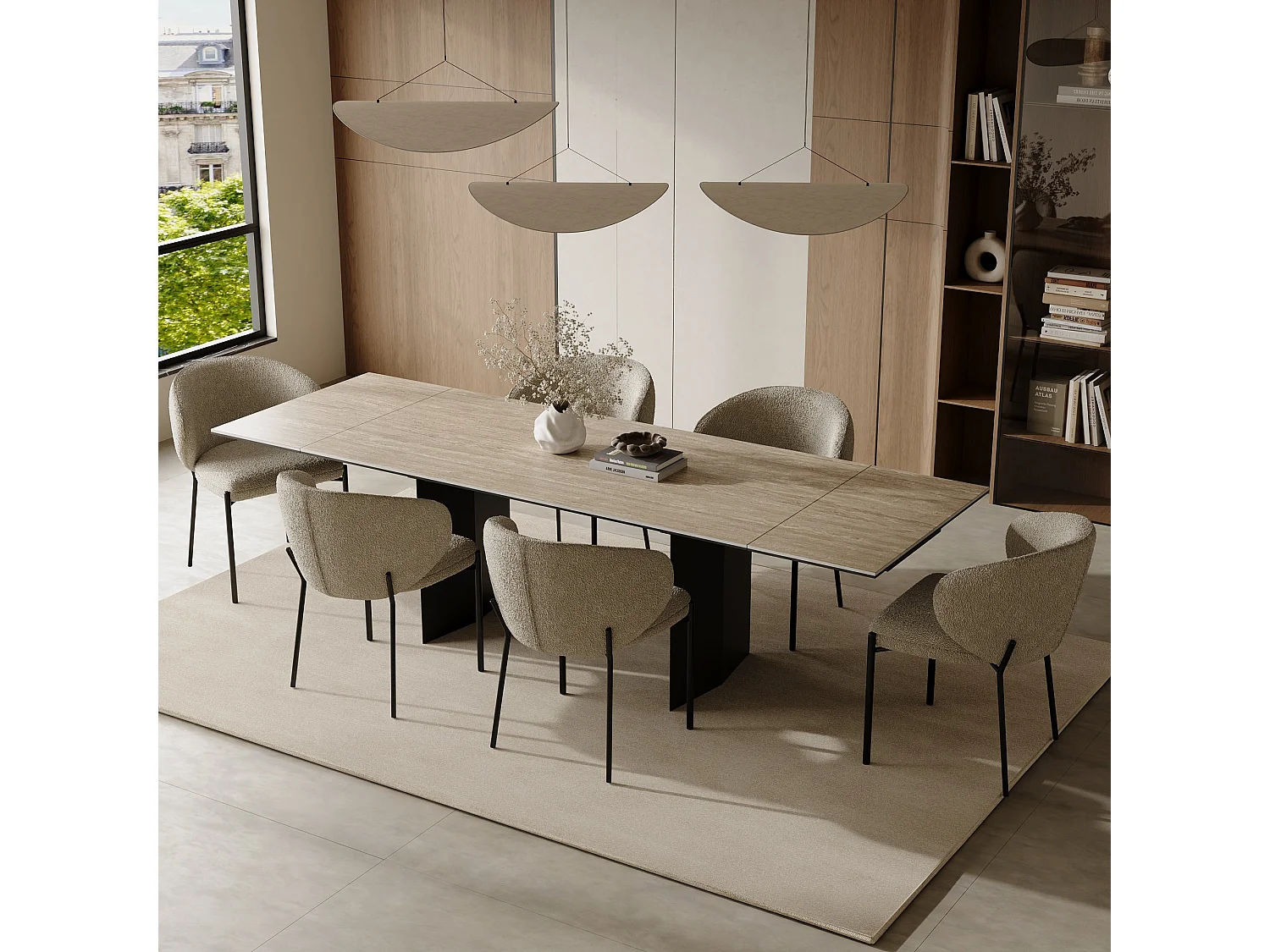 Table extensible 8-10 personnes aspect travertin et pieds noirs 180cm ROSE