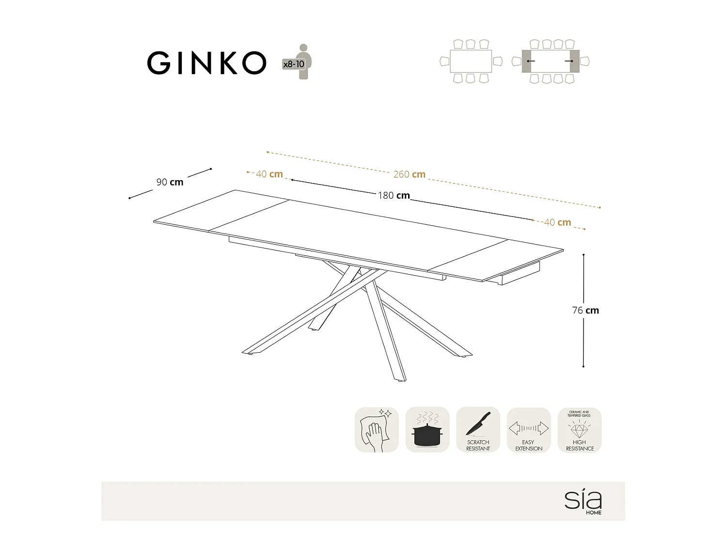 Table extensible 8-10 personnes céramique effet marbre noir 180cm GINKO