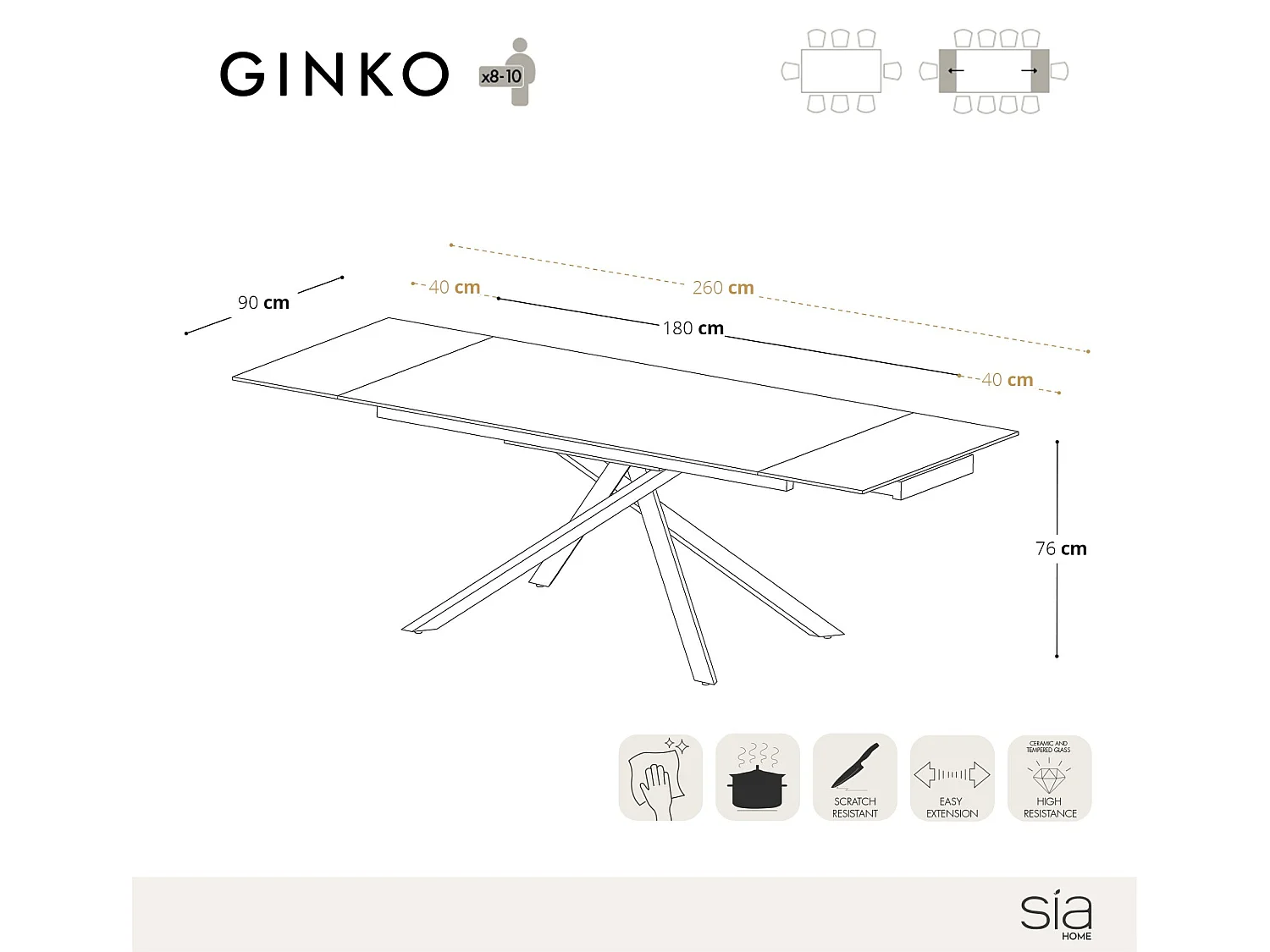 Table extensible 8-10 personnes céramique effet marbre noir 180cm GINKO