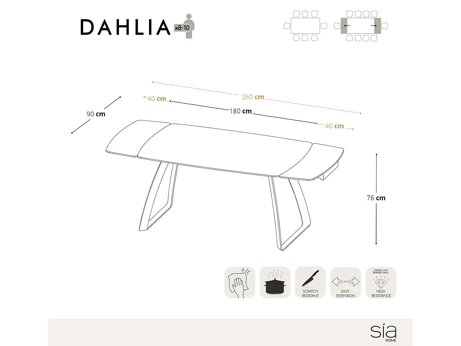 Table extensible 8-10 personnes pandora et pieds bronzes 180cm DAHLIA