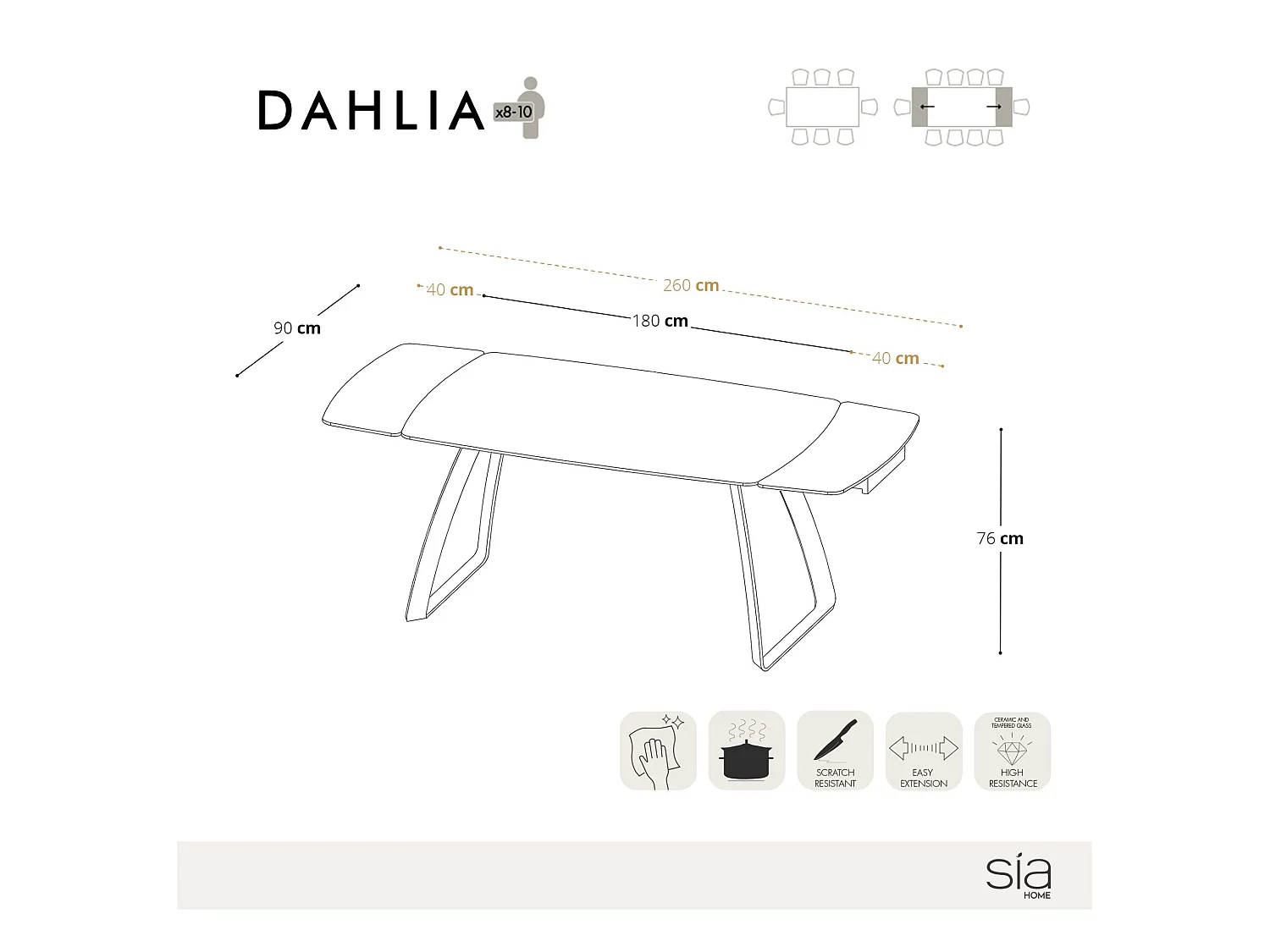 Table extensible 8-10 personnes céramique effet marbre noir 180cm DAHLIA