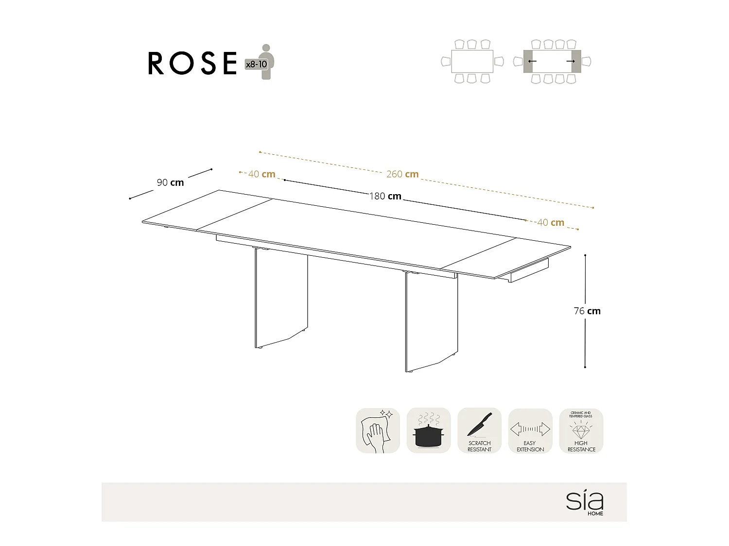 Table extensible 8-10 personnes pandora et pieds dorés 180cm ROSE