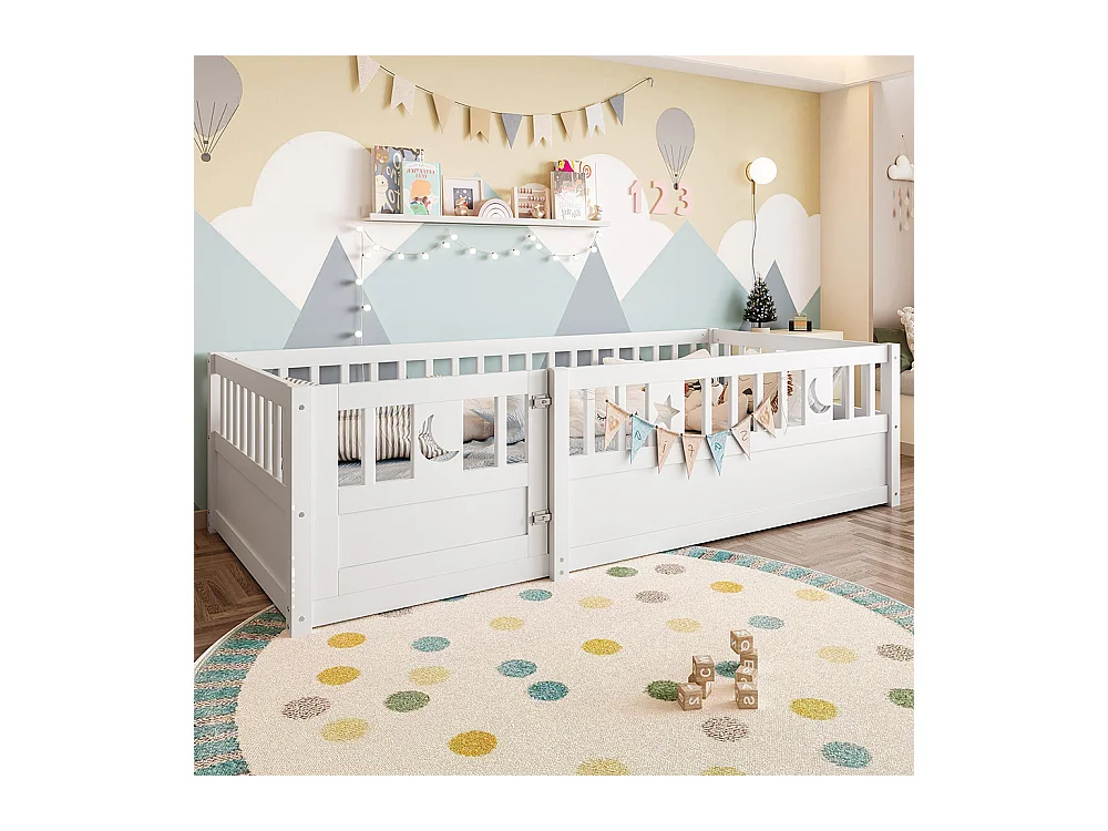 Lit enfant à panneaux 90x190 cm barrières décor étoiles lune sans sommier sans matelas blanc