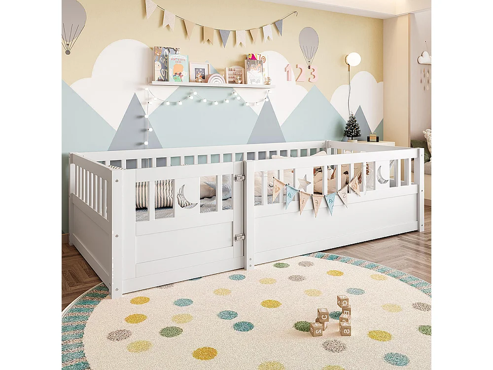 Lit enfant à panneaux 90x190 cm barrières décor étoiles lune sans sommier sans matelas blanc