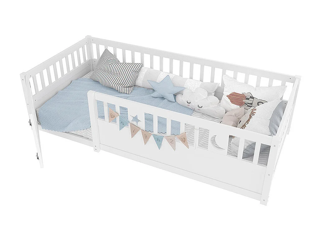 Lit enfant à panneaux 90x190 cm barrières décor étoiles lune sans sommier sans matelas blanc
