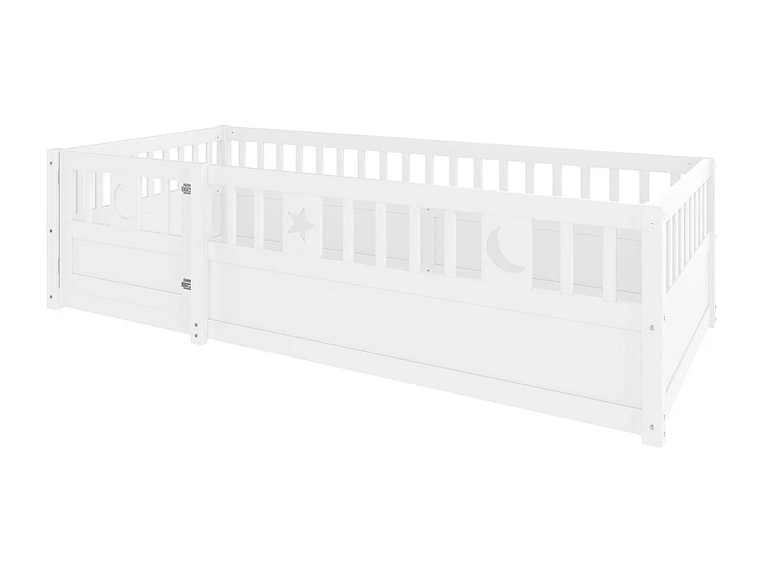 Lit enfant à panneaux 90x190 cm barrières décor étoiles lune sans sommier sans matelas blanc
