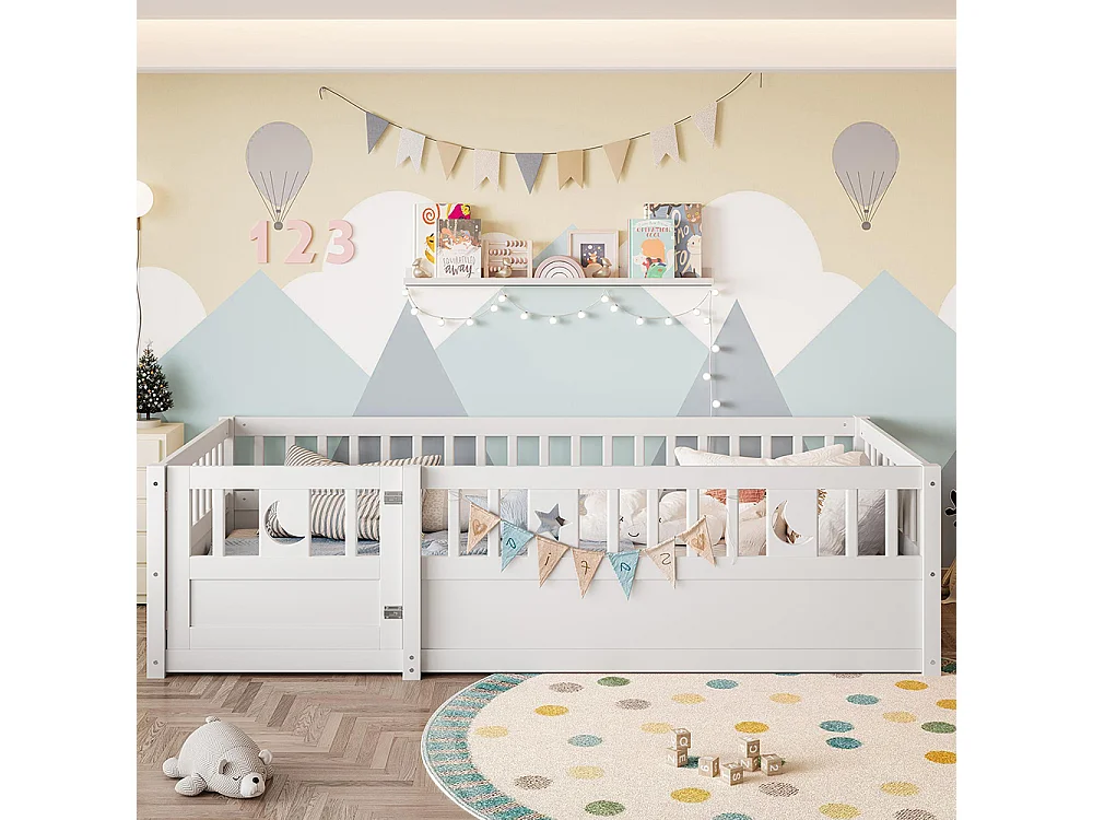 Lit enfant à panneaux 90x190 cm barrières décor étoiles lune sans sommier sans matelas blanc