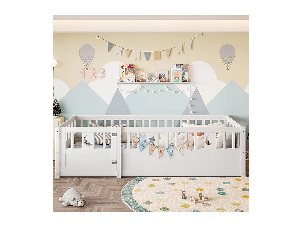 Lit enfant à panneaux 90x190 cm barrières décor étoiles lunes sans matelas blanc