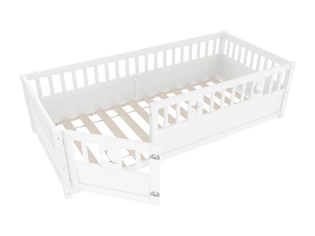 Lit enfant à panneaux 90x190 cm barrières décor étoiles lunes sans matelas blanc