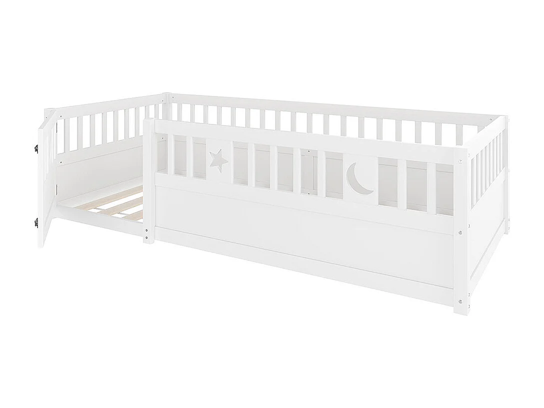 Lit enfant à panneaux 90x190 cm barrières décor étoiles lunes sans matelas blanc