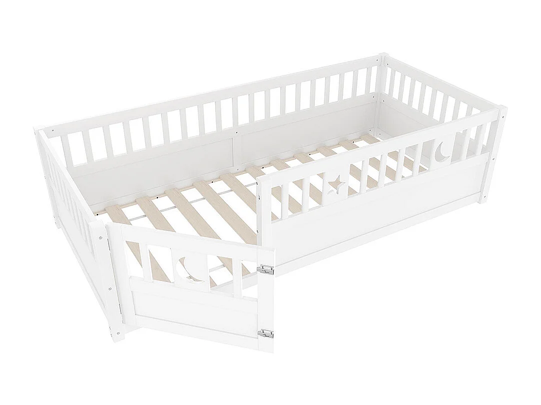 Lit enfant à panneaux 90x190 cm barrières décor étoiles lunes sans matelas blanc