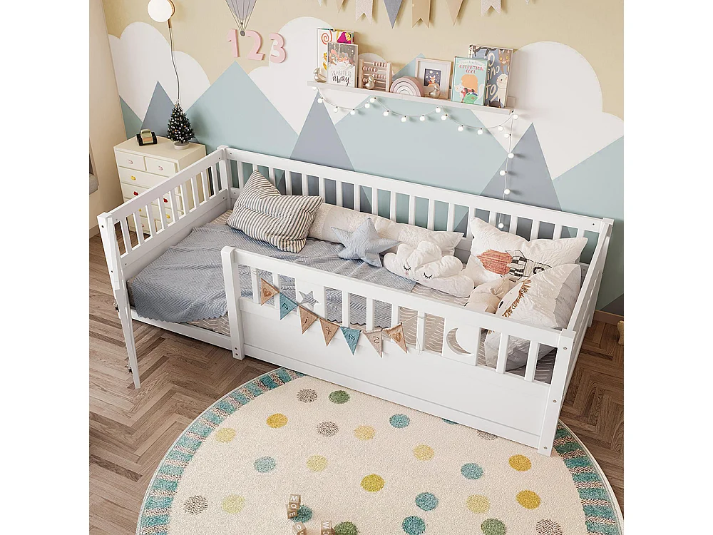 Lit enfant à panneaux 90x190 cm barrières décor étoiles lunes sans matelas blanc