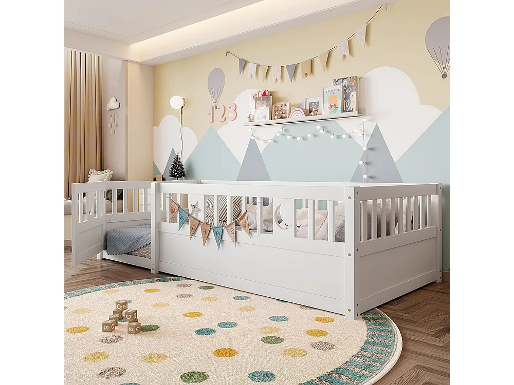 Lit enfant à panneaux 90x190 cm barrières décor étoiles lunes sans matelas blanc