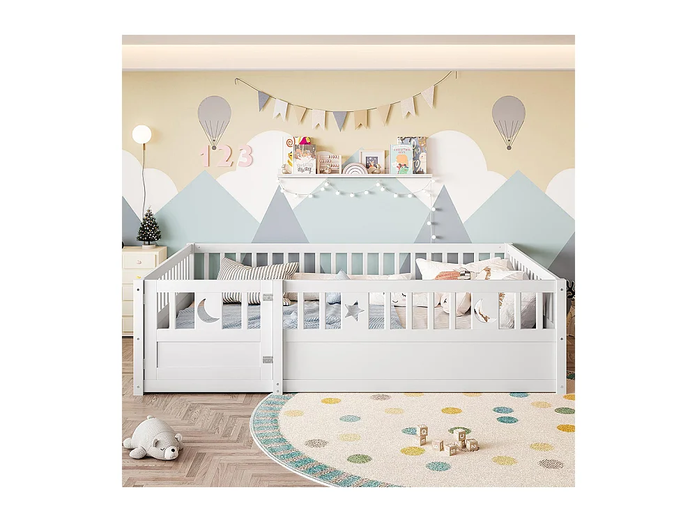 Lit enfant à panneaux 140x190 cm barrières décor étoiles lune sans sommier sans matelas blanc