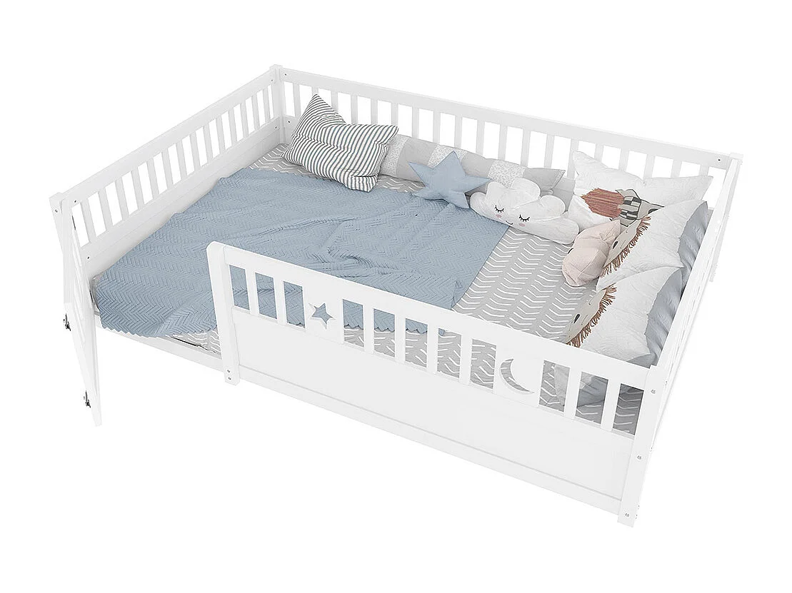 Lit enfant à panneaux 140x190 cm barrières décor étoiles lune sans sommier sans matelas blanc