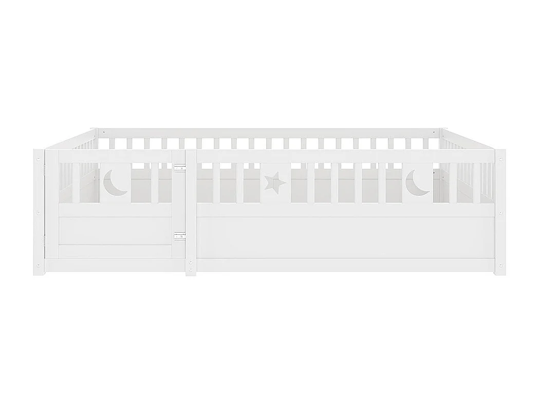 Lit enfant à panneaux 140x190 cm barrières décor étoiles lune sans sommier sans matelas blanc