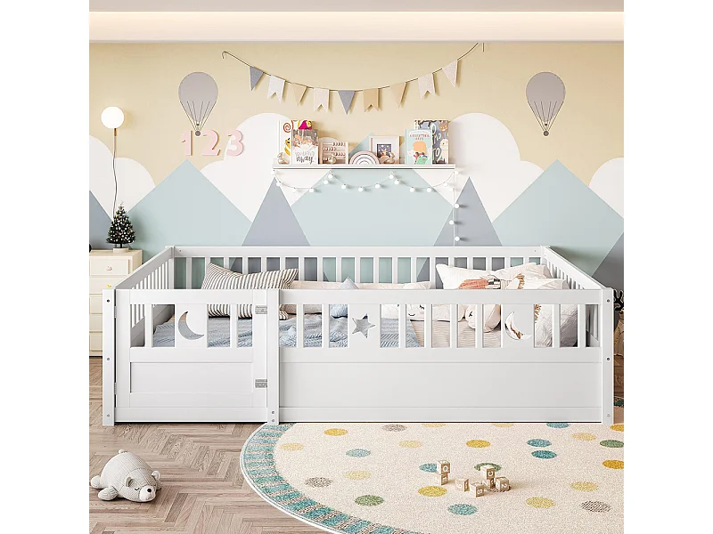 Lit enfant à panneaux 140x190 cm barrières décor étoiles lune sans sommier sans matelas blanc